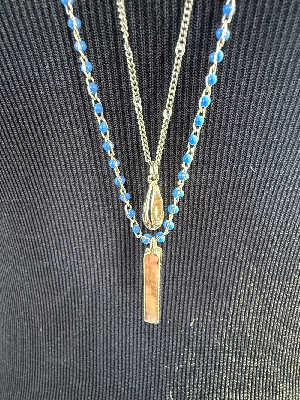 Elizabeth and James Silver tone Layered Necklace with Blue Beads and two pend
